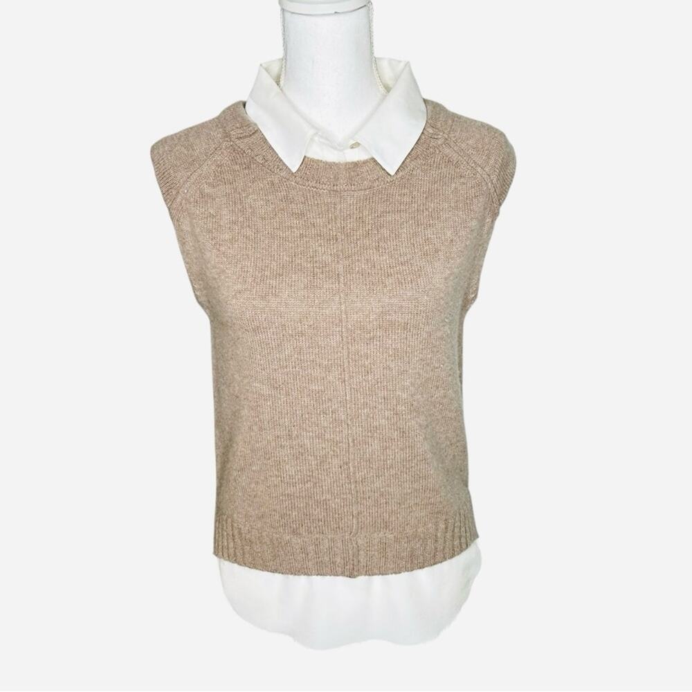 Brochu Walker Sleeveless Sweater Layered Collar and Hem Tan Wool Cashmere XS